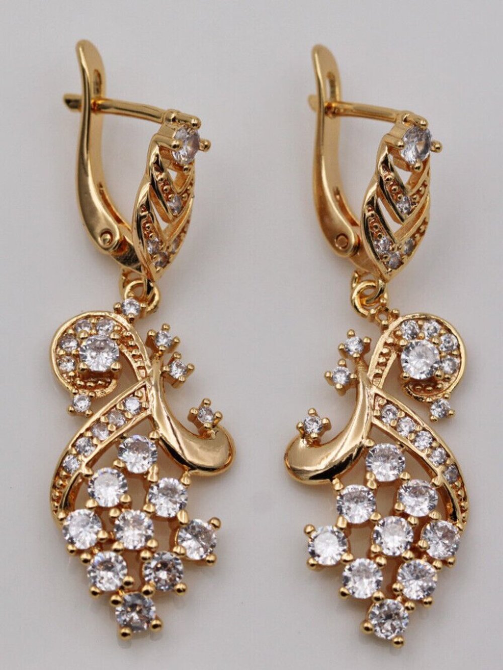 18K Yellow Gold Filled Flower Chandelier White Diamond Zircon Dangle Earrings - Picture 3 of 4